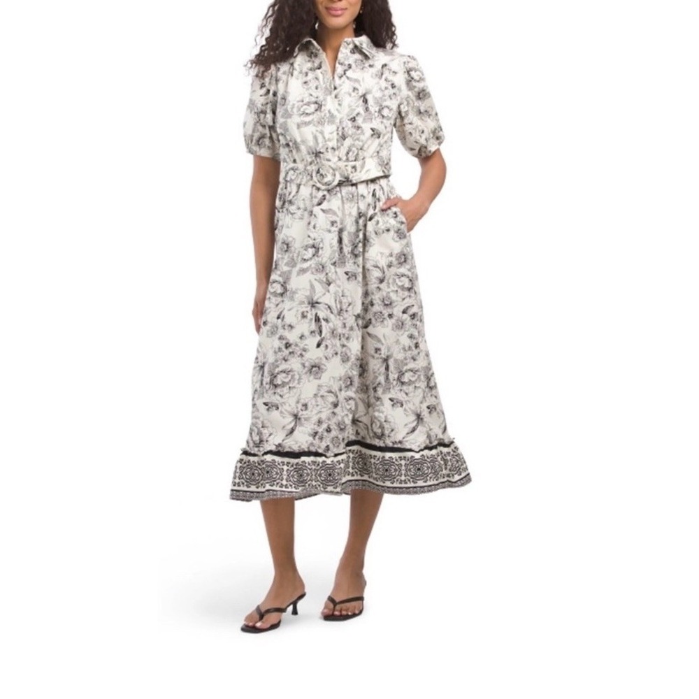 Joie Womens Short Sleeve Floral Shirt Dress Sz 10 Black/White Belted Cotton